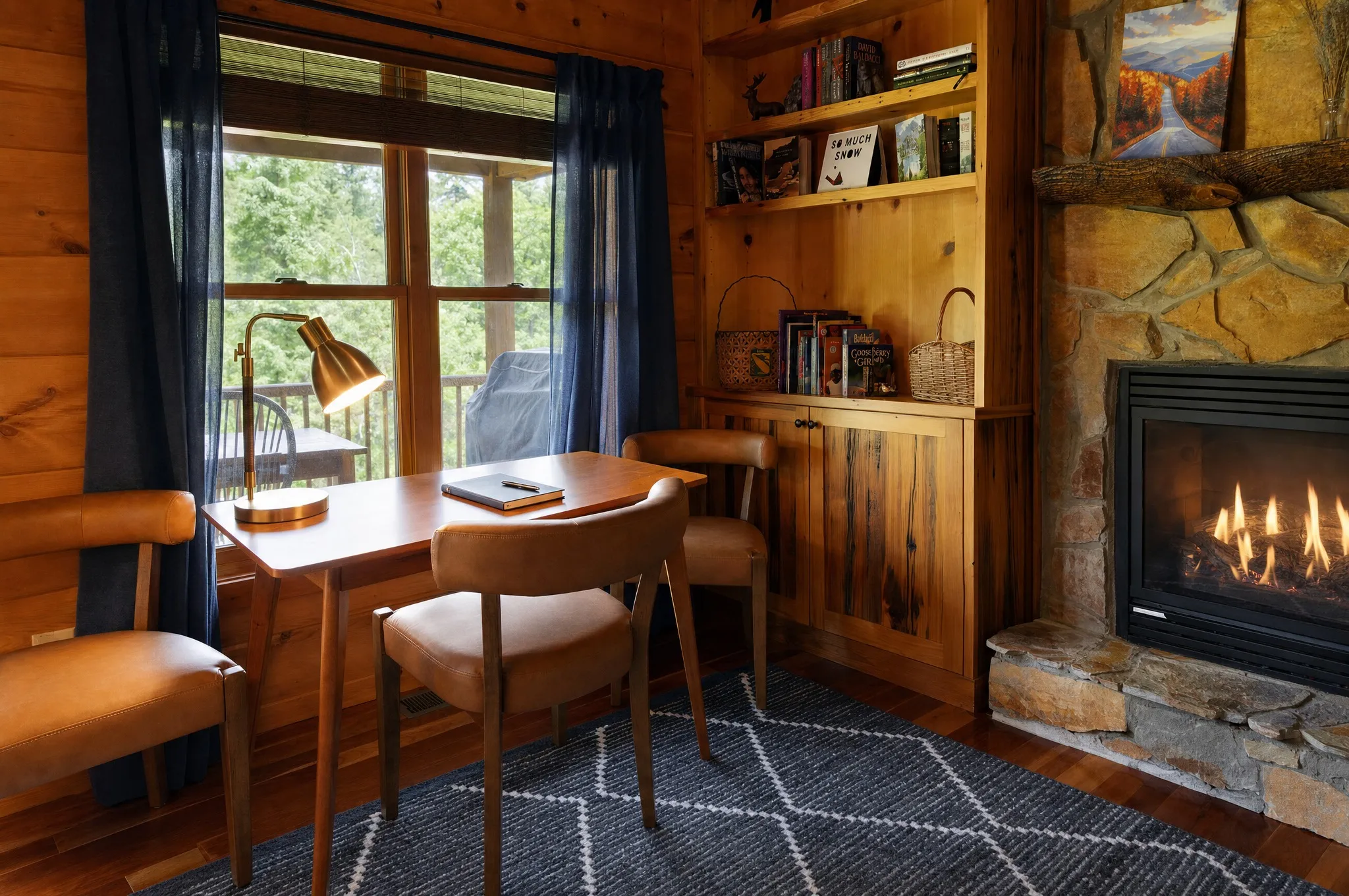 Desk nook beside the great room fireplace and windows
